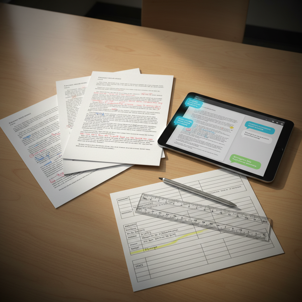 A close-up overhead view of a polished light-wood seminar table in a university office, carefully arranged with printed student essays, each page annotated with detailed handwritten feedback alongside AI-generated comment bubbles on a tablet screen. A slim, silver stylus rests between the pages, and a transparent ruler lies across a rubric highlighting criteria such as “argument”, “structure”, and “voice”. Gentle late-afternoon natural light falls diagonally across the table from an unseen window, casting soft shadows and a warm, reflective glow on the paper. Photographic realism with subtle vignetting focuses attention on the central documents. The atmosphere is reflective and analytical, emphasising ethical, high-quality feedback practices enhanced—but not replaced—by AI.