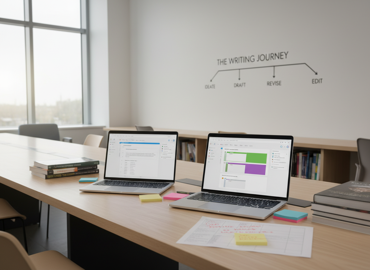 A sleek, modern university writing studio with a long, pale birch desk supporting two open laptops side by side, each displaying different structured writing outlines and AI-generated suggestions in clean interfaces. Around them are neatly stacked academic journals, colour-coded sticky notes, and a printed rubric annotated in fine red pen. Soft morning daylight enters through a large window, reflecting subtly on a matte white wall with a minimalist diagram of the writing process. Photographic realism at eye level, with a shallow depth of field that keeps the laptops in sharp focus and the background gently blurred. The lighting is calm and balanced, creating an atmosphere of professional focus and ethical, thoughtful AI-supported writing practice.