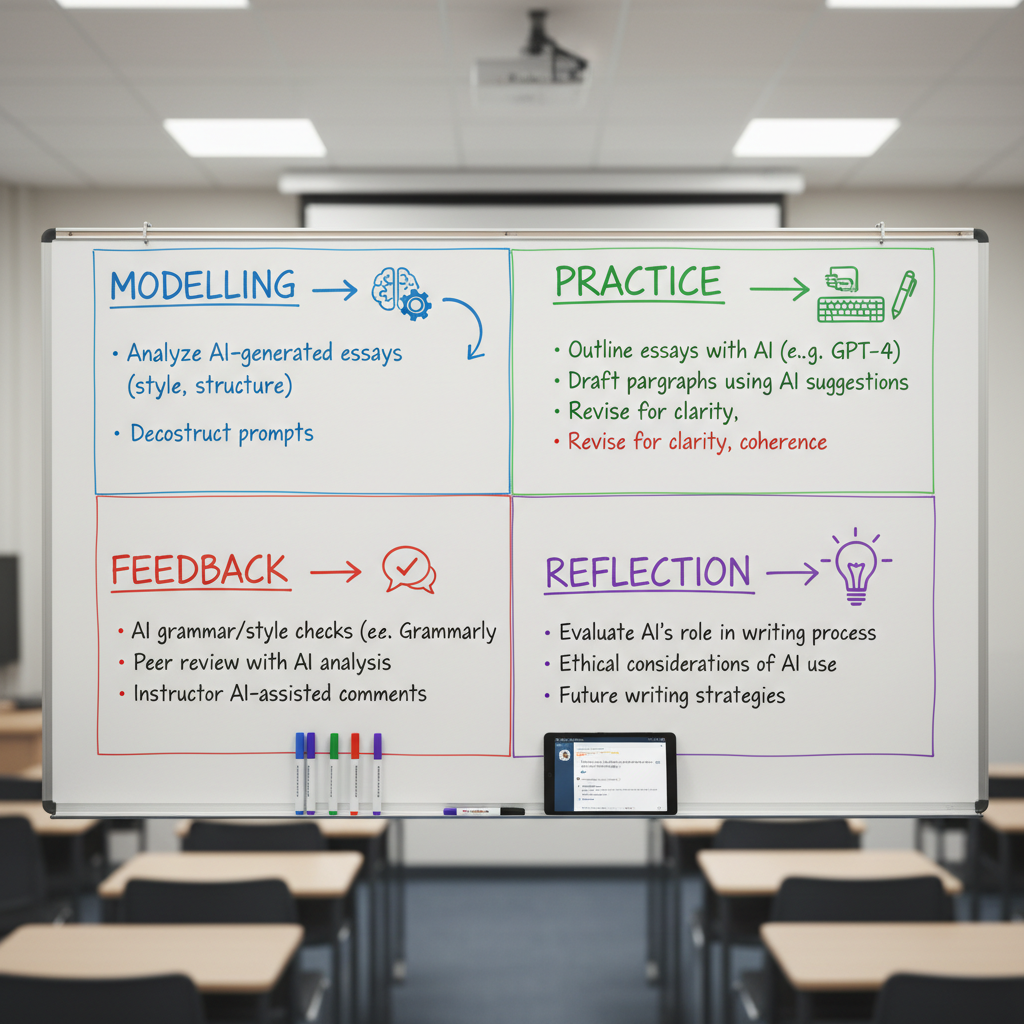 A large, clean whiteboard in a tertiary classroom, covered with an organised lesson plan for teaching academic writing using AI tools. Sections are clearly titled: “Modelling”, “Practice”, “Feedback”, and “Reflection”, each written in distinct colours with arrows linking them to small icons representing AI prompts and outputs. Below the whiteboard, a narrow ledge holds neatly arranged dry-erase markers and a digital tablet displaying an AI interface. Soft, diffused overhead lighting creates minimal glare, maintaining legibility. Shot straight-on with photographic realism and sharp focus across the entire frame, the mood is structured, professional, and practical, evoking careful planning and pedagogical clarity for writing lecturers.